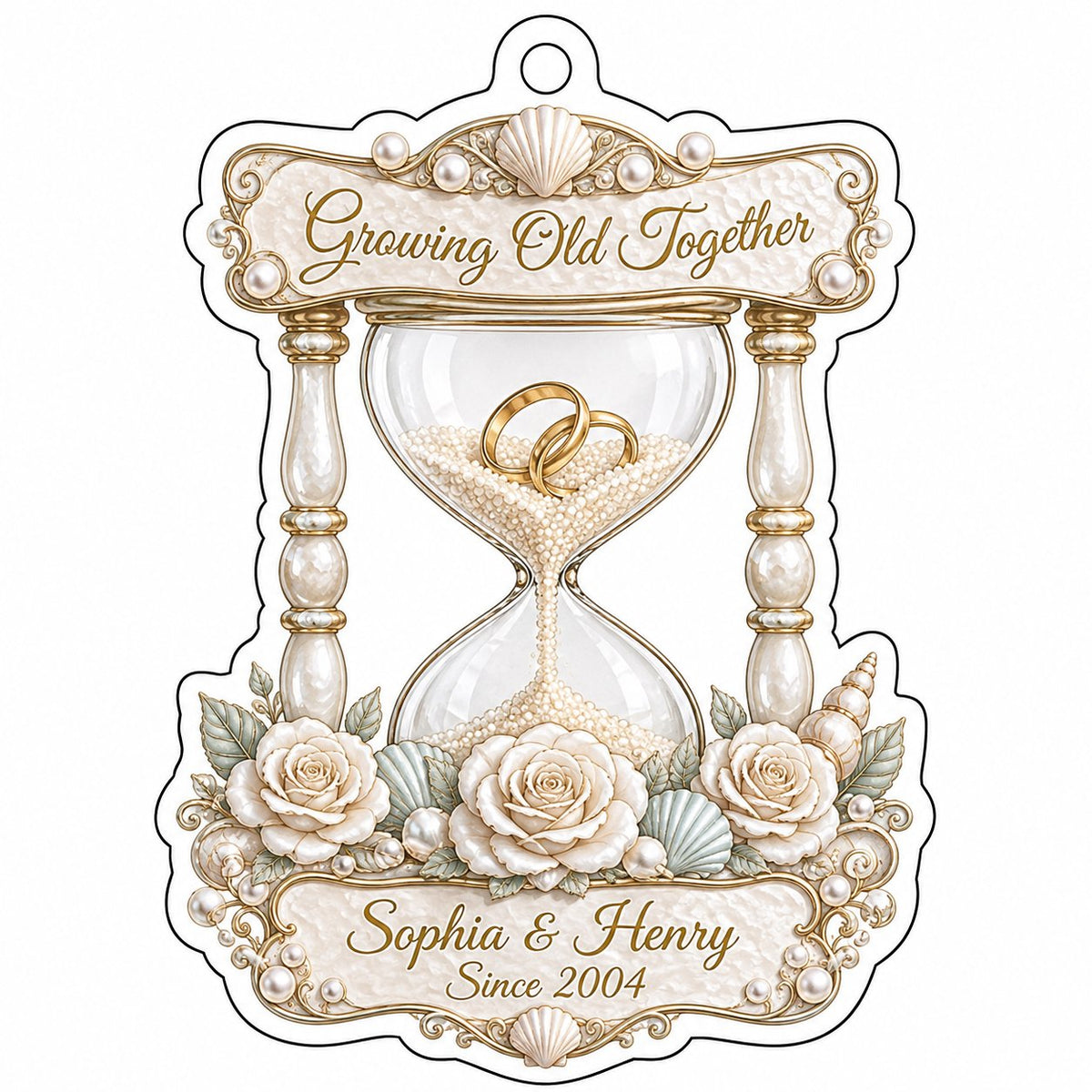 Acrylic hourglass ornament with gold rings, roses, seashells, pearls, and Growing Old Together text.
