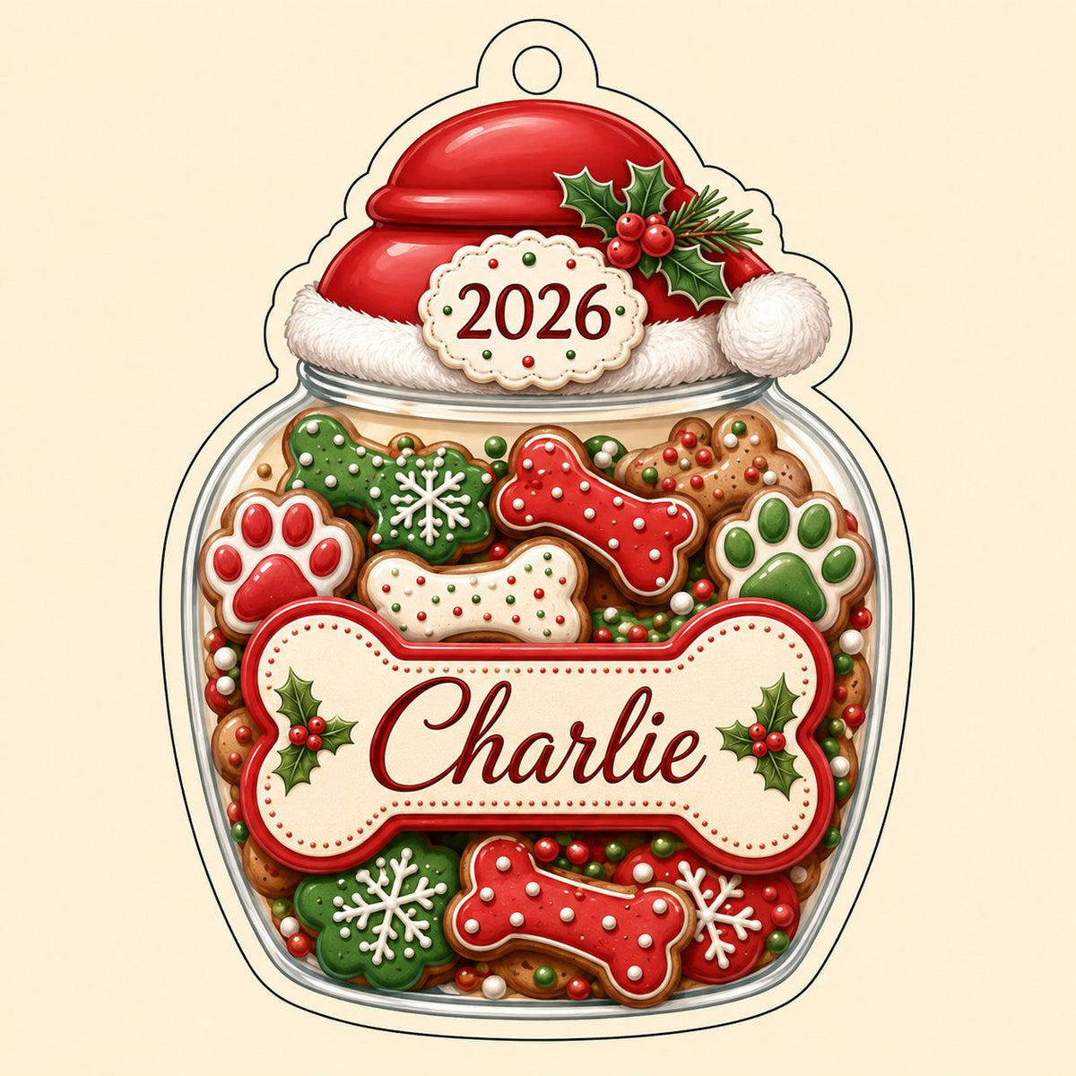Custom-cut acrylic ornament shaped like a cookie jar with Santa hat, dog bone name plaque, and 2026 year badge.