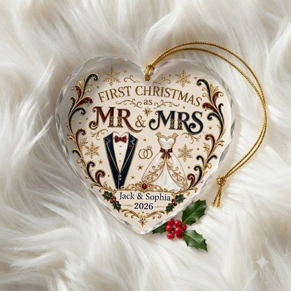 Personalized First Christmas as Mr & Mrs Tuxedo Gown Heart Glass Ornament