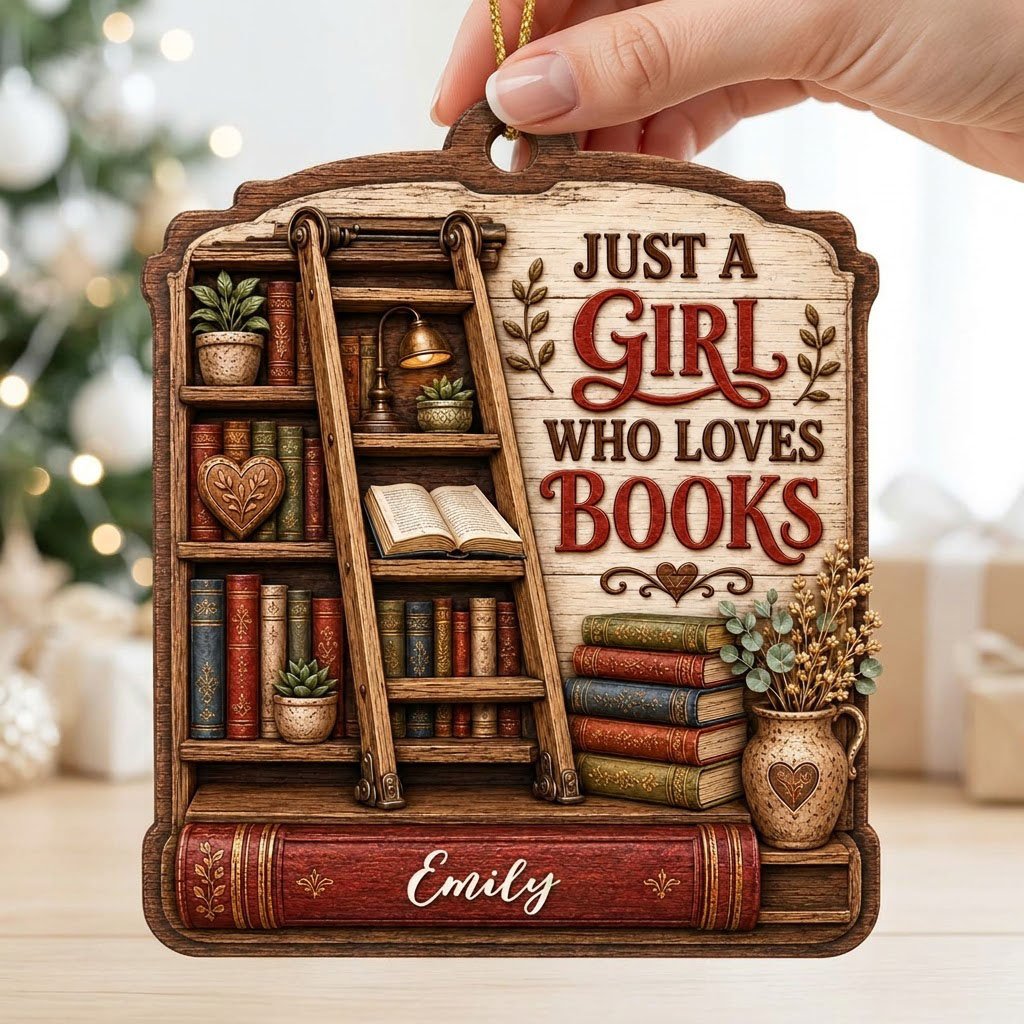Arched wood ornament with bookshelf, ladder, and 'Just a Girl Who Loves Books' with a name on a red book spine.