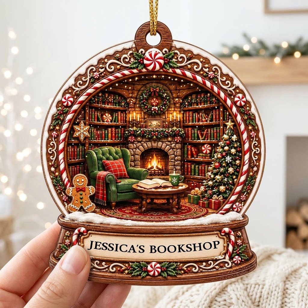 Snow globe ornament with candy-cane frame, cozy book-filled library, fireplace, tree, and 'JESSICA'S BOOKSHOP' nameplate