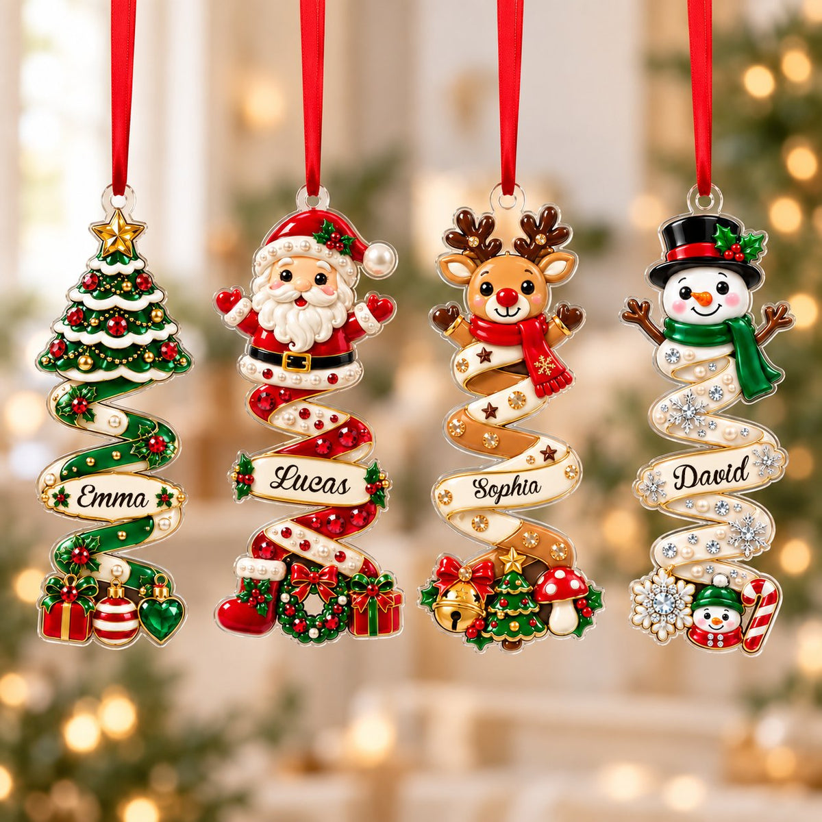 Custom-cut acrylic ornament with a ribbon tree or snowman on a spiral ribbon, personalized with a name on the ribbon.