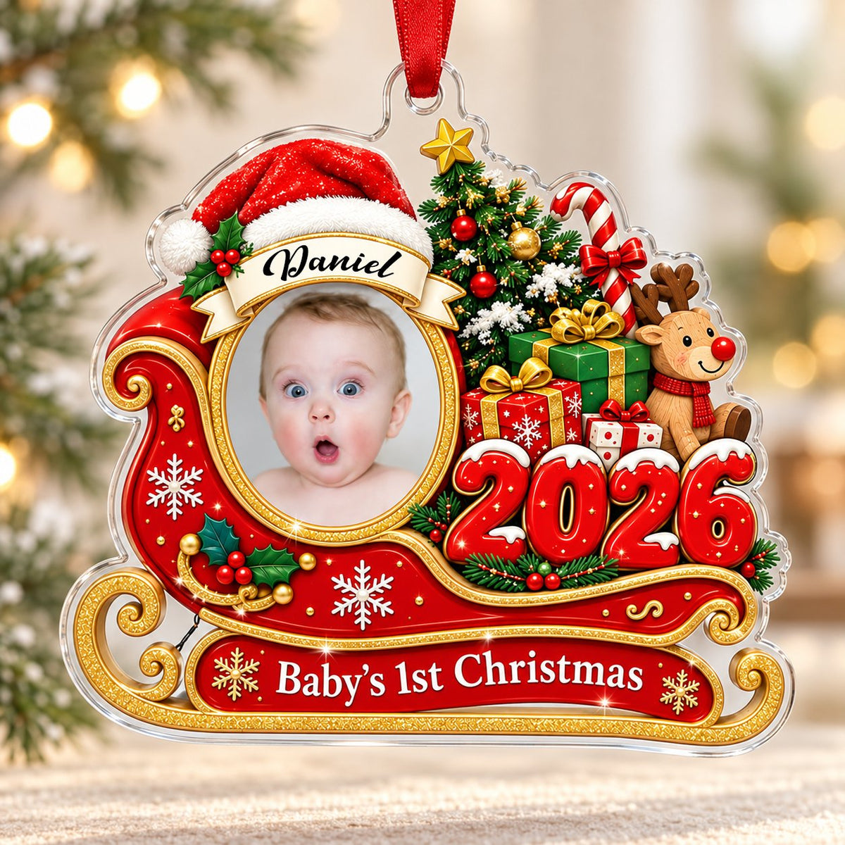Custom-cut acrylic ornament shaped like a sleigh, reindeer and tree with a photo frame and Baby's 1st Christma text.