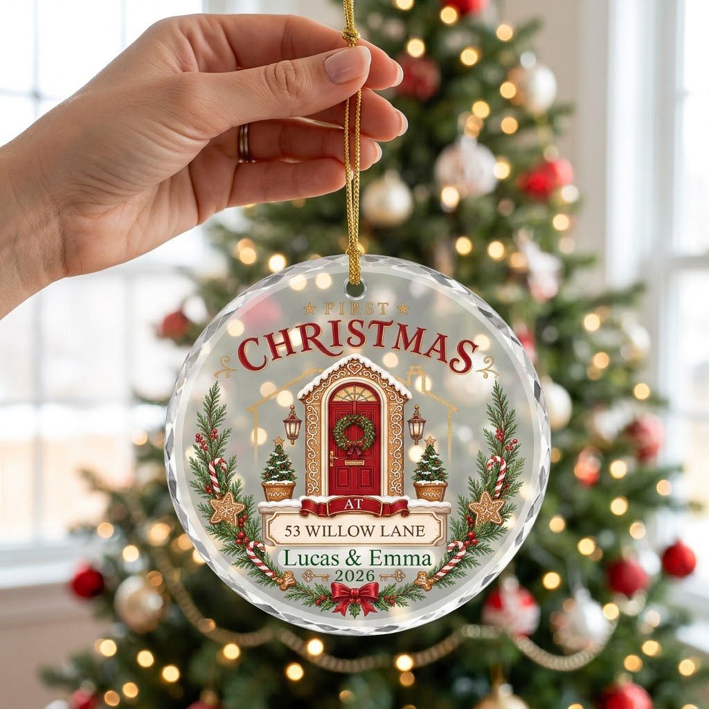 Personalized First Christmas at New Home Gingerbread Door Round Glass Ornament