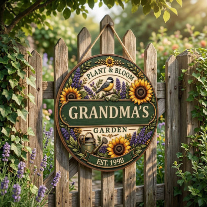 Round wooden sign with sunflowers, lavender, a chickadee, and green banners reading PLANT & BLOOM and GARDEN.
