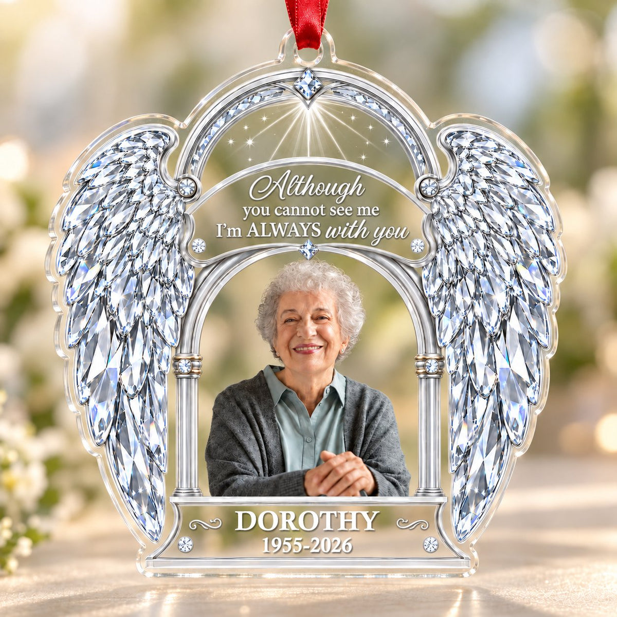 Acrylic memorial ornament with crystal angel wings, arched photo frame and wood-grain name and date banners.