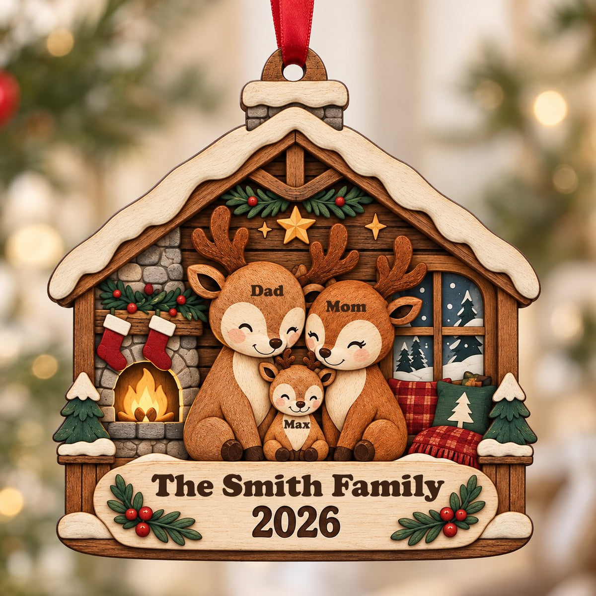 House-shaped wood ornament with deer family by a fireplace and snowy window, personalized with names and year.