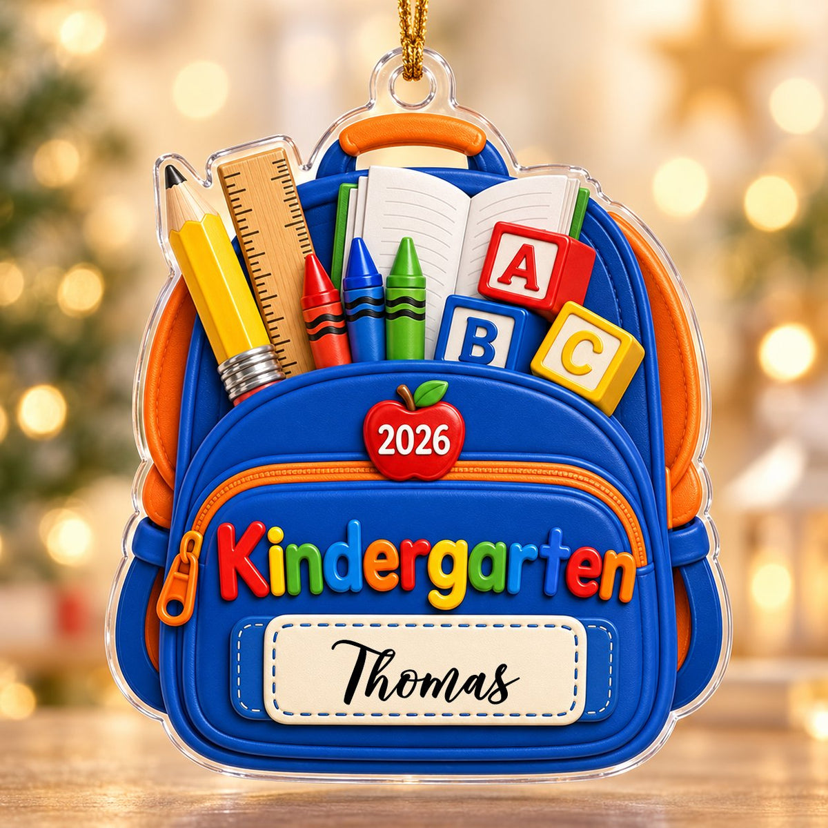 Acrylic ornament cut as a blue and orange school backpack with ABC blocks, 2026, Kindergarten, and a personalized name l