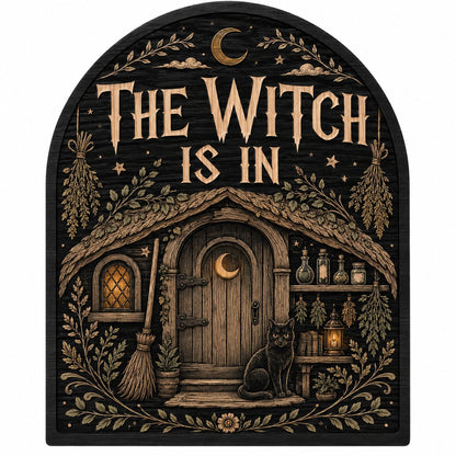 Arch wood sign with "THE WITCH IS IN", witch cottage, black cat, broom, herbs and lantern details.