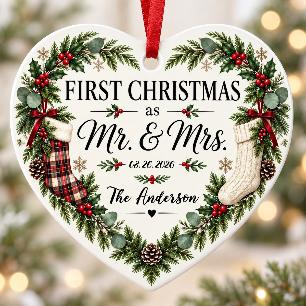 Heart ornament with greenery border, two stockings on bows, and 'FIRST CHRISTMAS as Mr. & Mrs.' text.