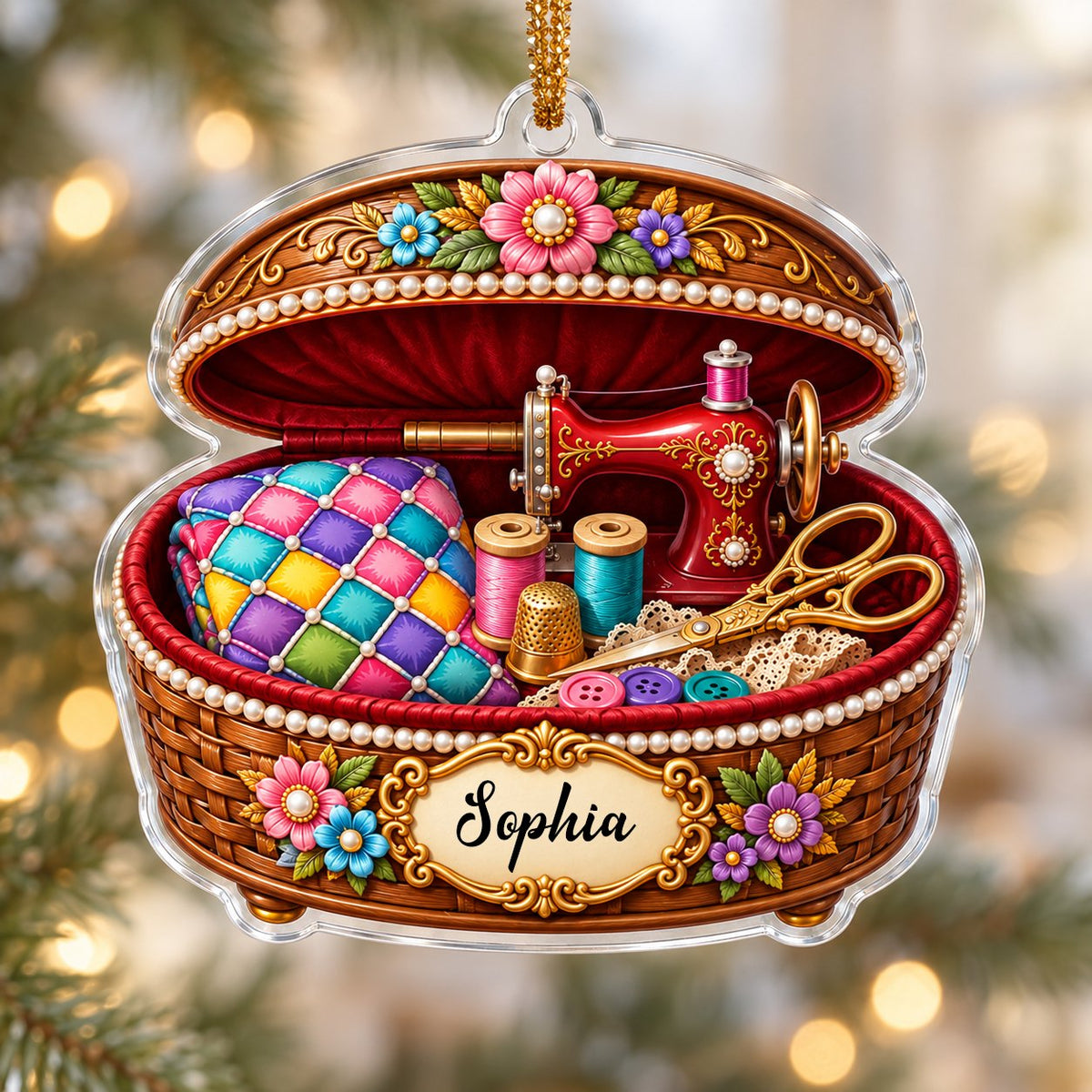 Custom-cut acrylic ornament of a brown sewing basket with a red vintage sewing machine and floral accents