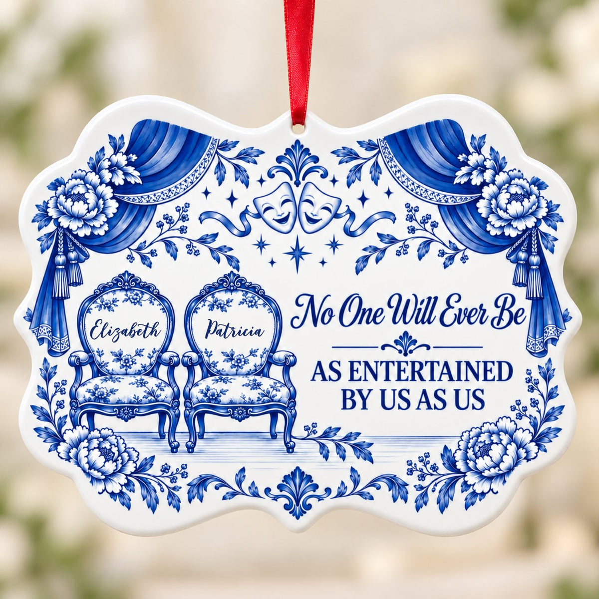 Blue-and-white ceramic ornament with theater masks, vintage chairs, Delft florals, and draped curtains.
