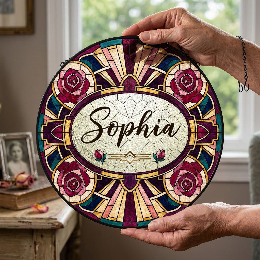 Round stained glass-style suncatcher with red and pink roses, a cream oval name panel, and black leaded lines.