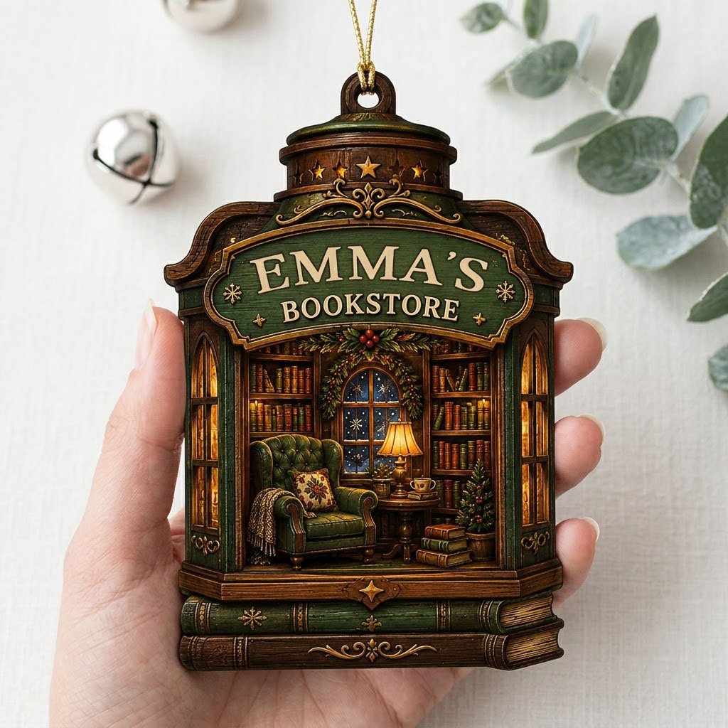 Custom-cut wood ornament like a vintage bookstore with a cozy library scene and a green BOOKSTORE sign.