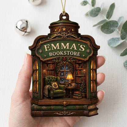 Custom-cut wood ornament like a vintage bookstore with a cozy library scene and a green BOOKSTORE sign.