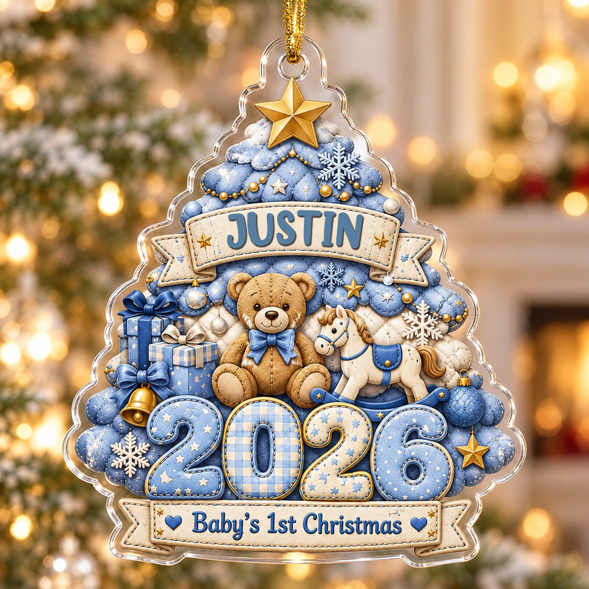 Acrylic tree ornament with teddy bear, rocking horse, Baby's 1st Christmas and quilted year in blue and gold.