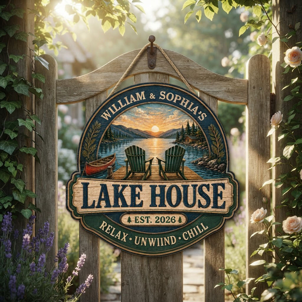Personalized Lake House Sunset Wooden Hanging Sign