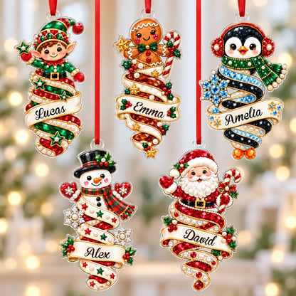 Custom acrylic ornament with a cute elf and smiling snowman on jeweled swirl banners with personalized names