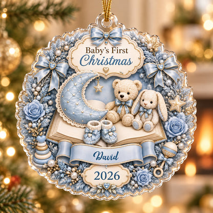 Blue floral wreath acrylic ornament with moon, teddy and bunny, plus Baby's First Christmas with name and year.