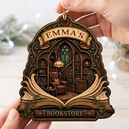 Arched wood ornament with an open-book frame, vintage library scene, ivy accents, and BOOKSTORE text with a personalized
