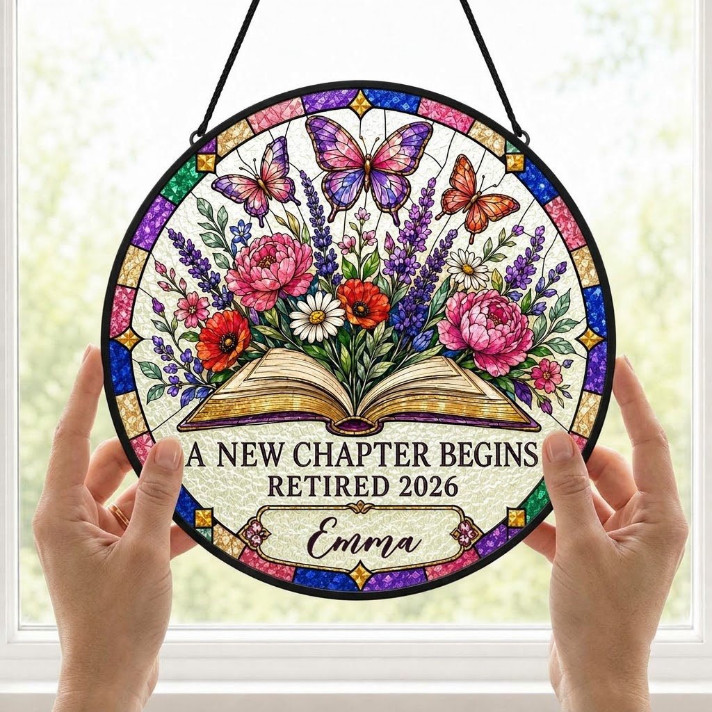 Personalized Retirement Open Book & Butterflies A New Chapter Begins Stained Glass Round Suncatcher