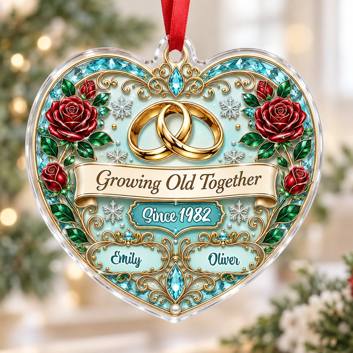Heart-shaped clear acrylic ornament with golden rings, red roses, “Growing Old Together,” and custom names with a since 