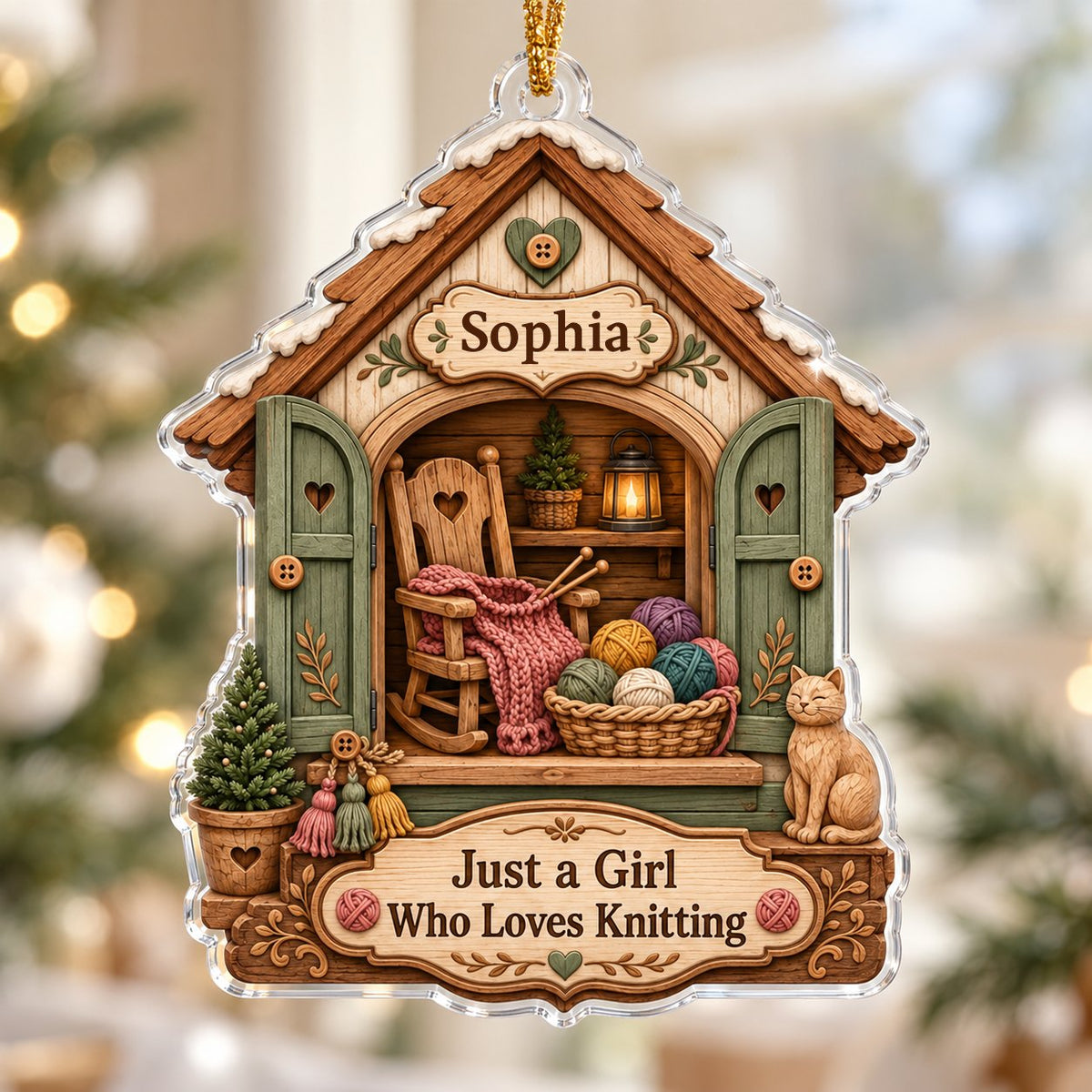 House-shaped acrylic ornament with cozy knitting shed scene and 'Just a Girl Who Loves Knitting' text.