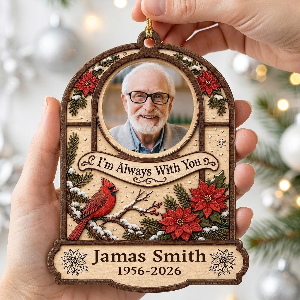 Arch wood ornament with photo cutout, cardinal on snowy pine, poinsettias, and "I'm Always With You" text.