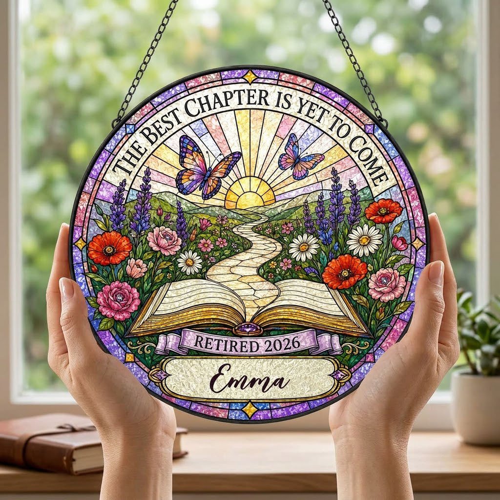 Personalized Retirement Open Book Pathway The Best Chapter Is Yet To Come Stained Glass Round Suncatcher