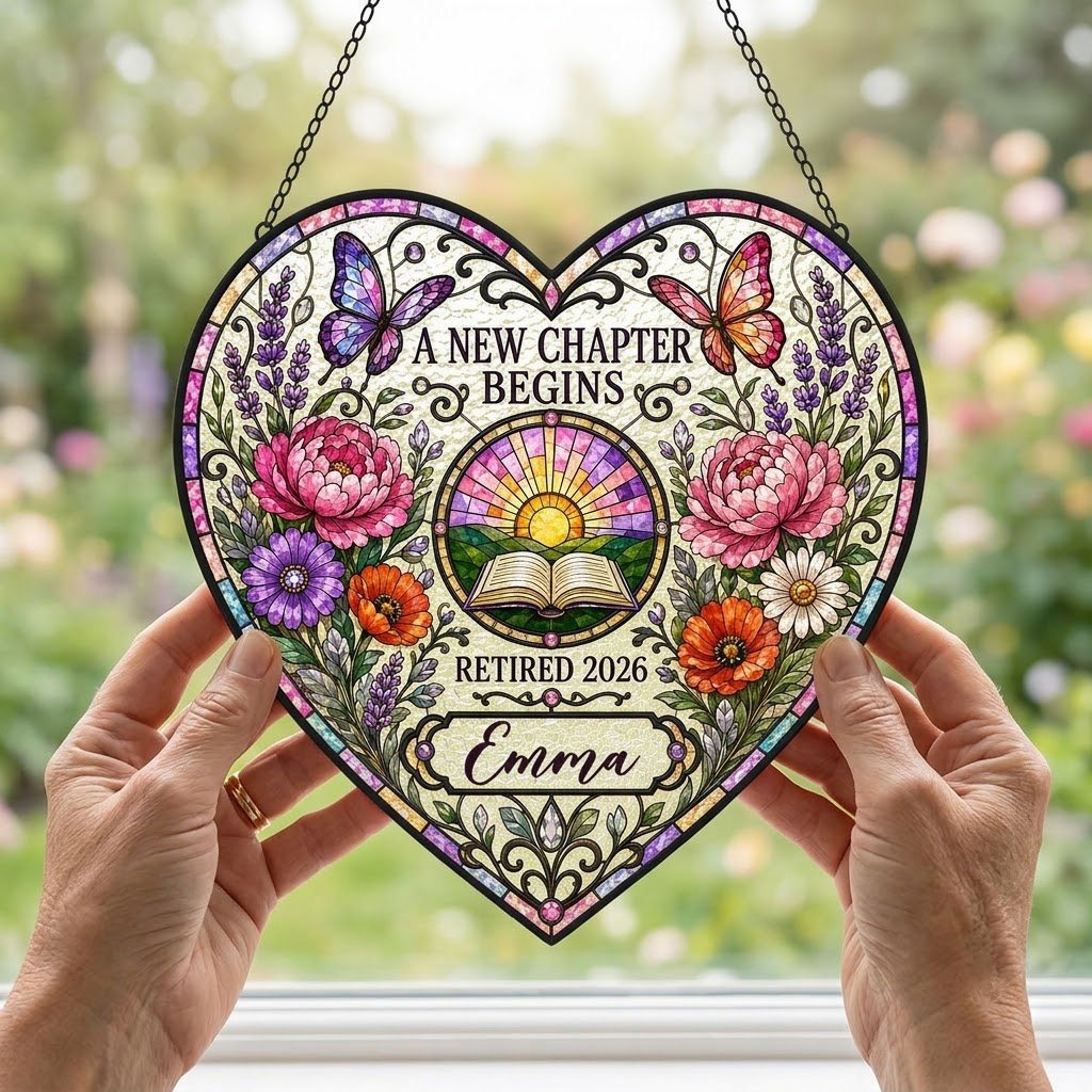 Personalized Retirement Open Book & Sunrise A New Chapter Begins Heart Stained Glass Suncatcher