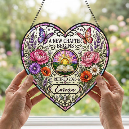 Personalized Retirement Open Book & Sunrise A New Chapter Begins Heart Stained Glass Suncatcher