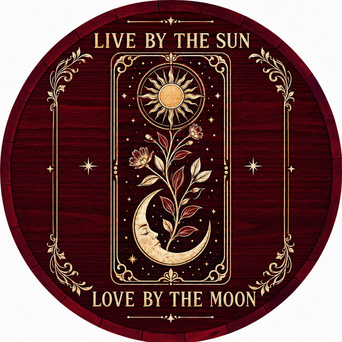 Round wooden sign with tarot-style sun and sleeping moon, floral vine, stars, and the words Live by the Sun, Love by the