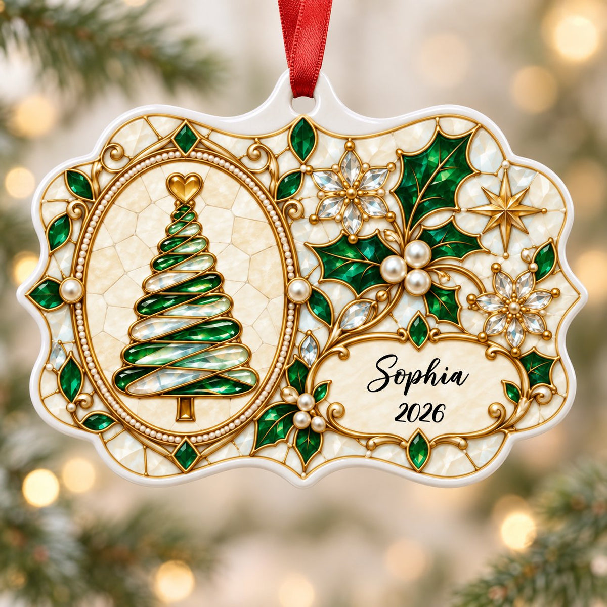 Scalloped ceramic ornament with emerald swirl tree, gold filigree, pearl accents, and a name-and-year cartouche.