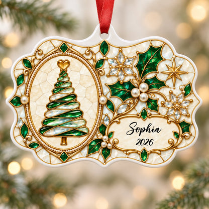 Scalloped ceramic ornament with emerald swirl tree, gold filigree, pearl accents, and a name-and-year cartouche.
