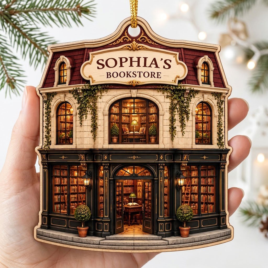 Custom-cut ornament shaped like a vintage bookstore with green and gold storefront and 'BOOKSTORE' text personalized abo