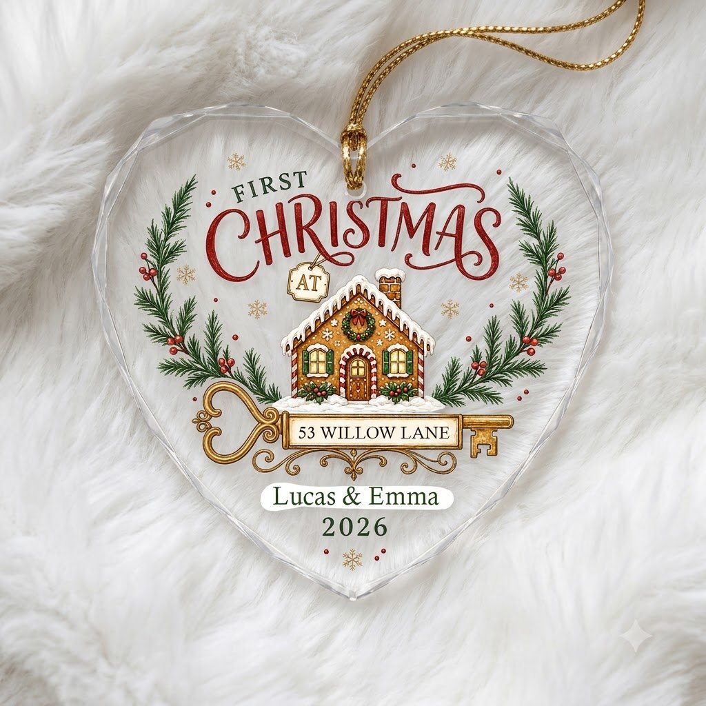 Personalized First Christmas at New Home Gingerbread Key Heart Glass Ornament