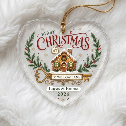 Personalized First Christmas at New Home Gingerbread Key Heart Glass Ornament
