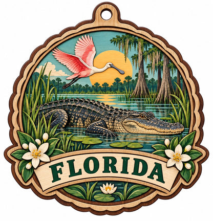 Scalloped wood ornament with alligator, pink spoonbill, sun, cypress trees, and 'FLORIDA' on a bottom banner.