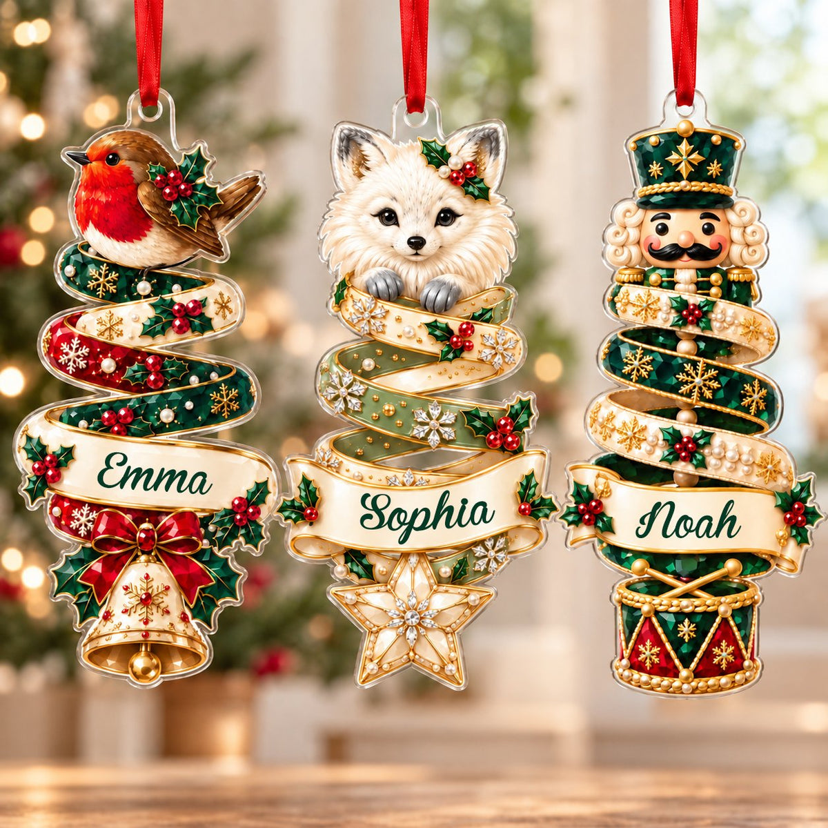 Custom-cut acrylic ornament with robin or fox ribbon tree and a cream name banner.