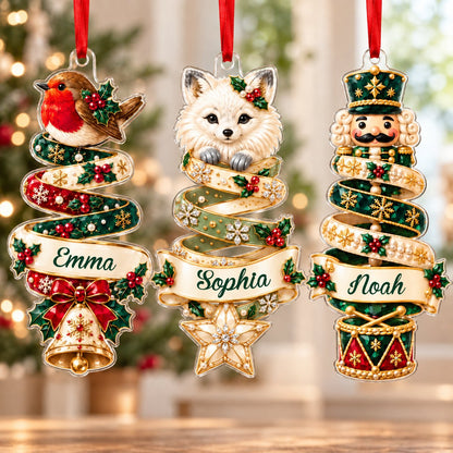 Custom-cut acrylic ornament with robin or fox ribbon tree and a cream name banner.