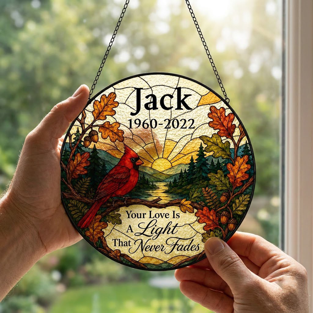 Round stained-glass style suncatcher with a red cardinal, oak leaves, mountains, a river and a radiant sun.