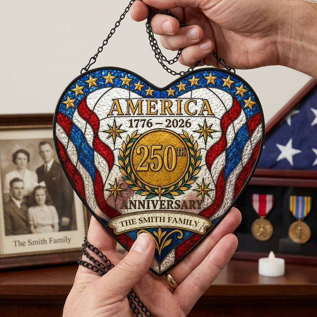 Heart suncatcher with red, white and blue stripes, gold medallion, laurel wreath, and 'America 1776–2026' text.