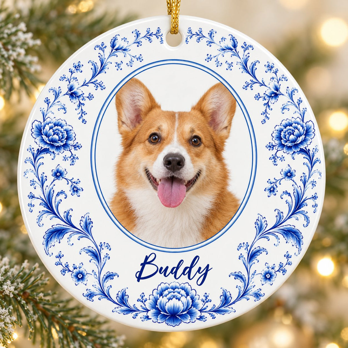Round ceramic ornament with blue Delft floral border framing a circular photo of a dog and a personalized name.