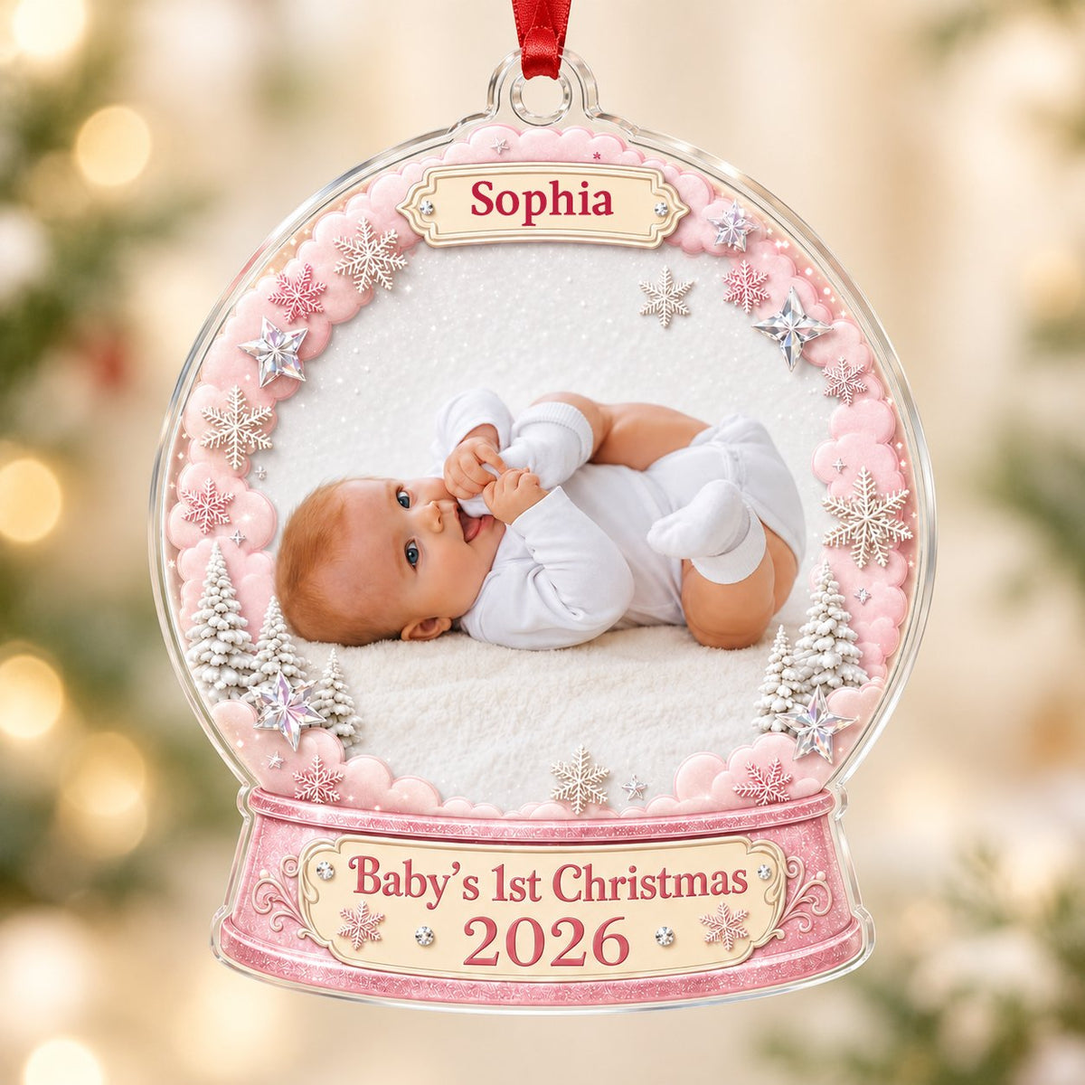 Pink snow globe acrylic ornament with "Baby's 1st Christmas", name banner, year base, and baby photo frame