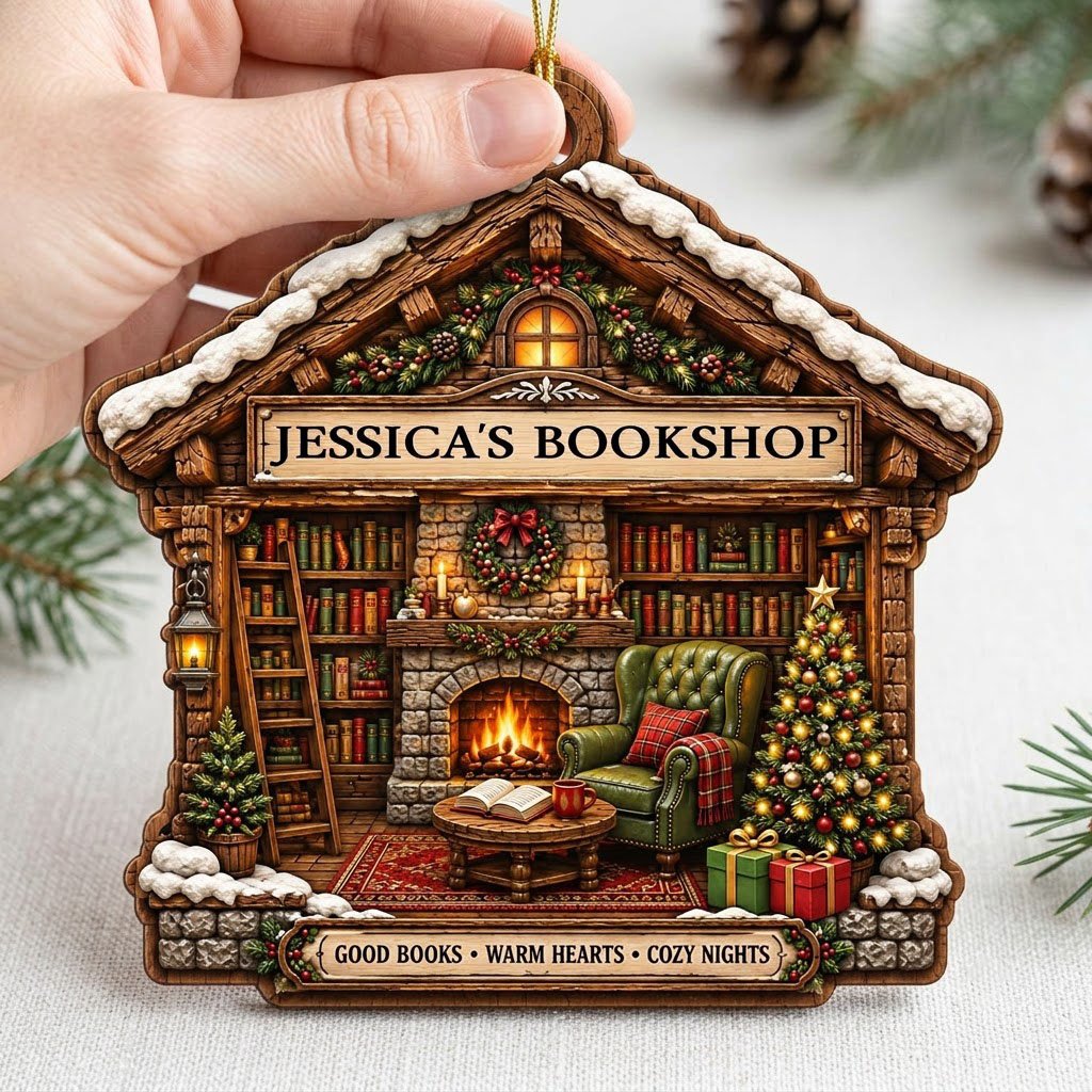 House-shaped wood ornament with cozy bookshop scene, fireplace, bookshelves, and a lit Christmas tree.
