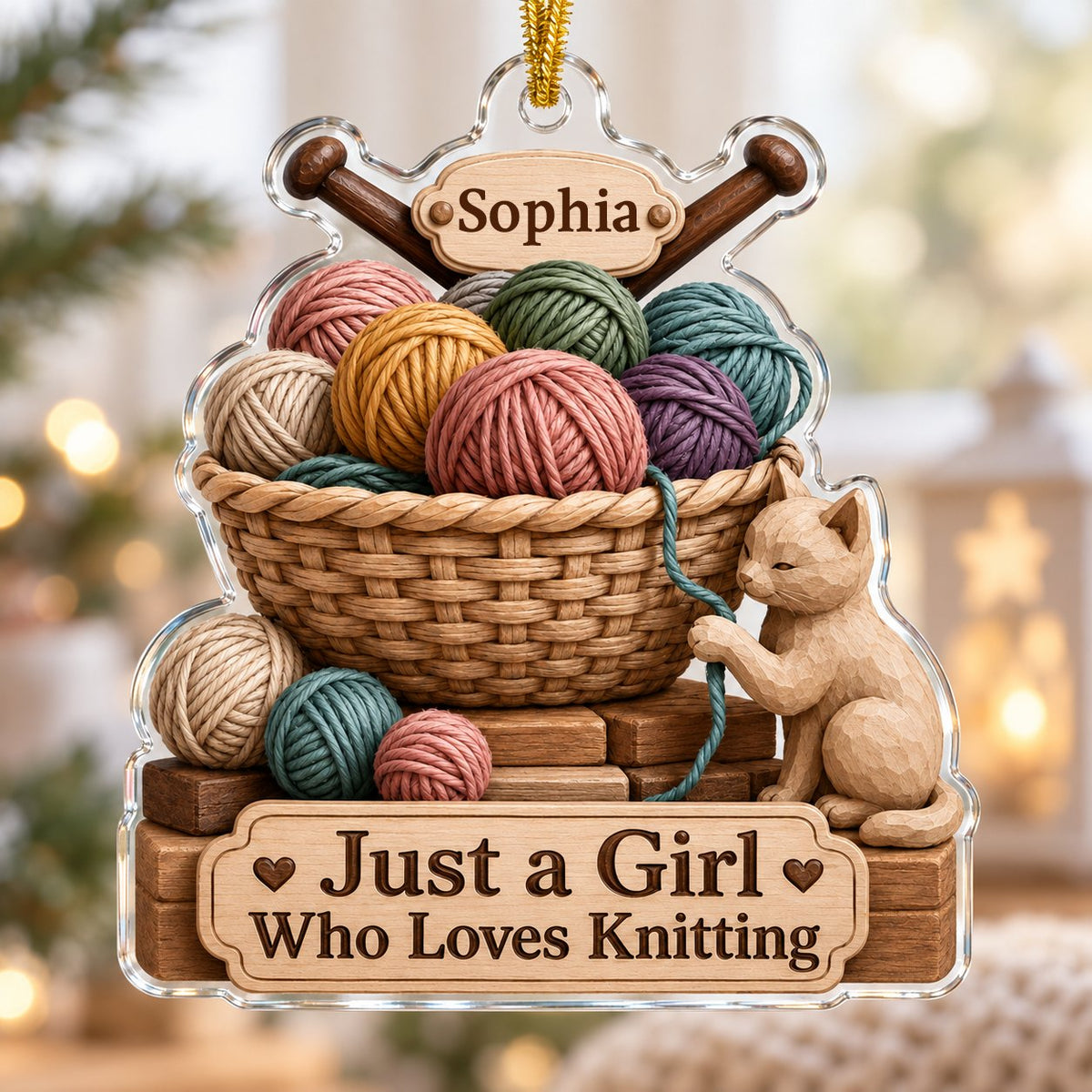 Acrylic ornament shaped around a yarn basket, cat and needles with 'Just a Girl Who Loves Knitting' and a name banner.