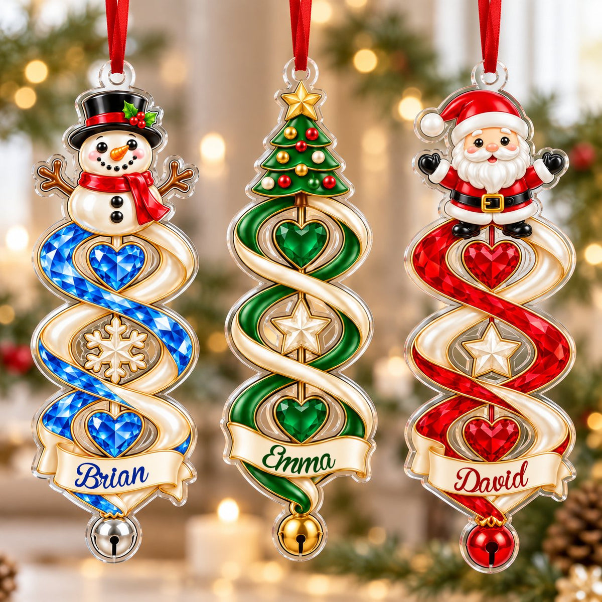 Custom-cut acrylic ornament with snowman or Christmas tree, spiral ribbon, gem hearts, and a name banner with bell.