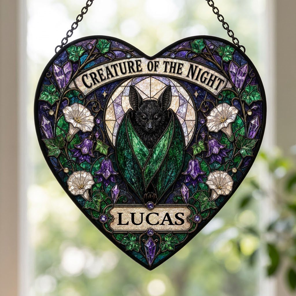 Heart stained glass suncatcher with a black bat over a moon, ivy, white morning glory flowers, purple bellflowers, and c