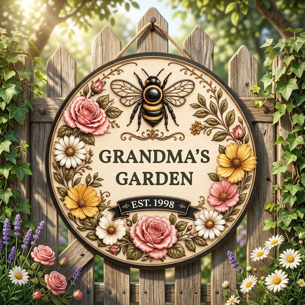 Round wooden sign with 'GRANDMA'S GARDEN', a gold-and-black bee, floral wreath, and EST. year on a light wood background