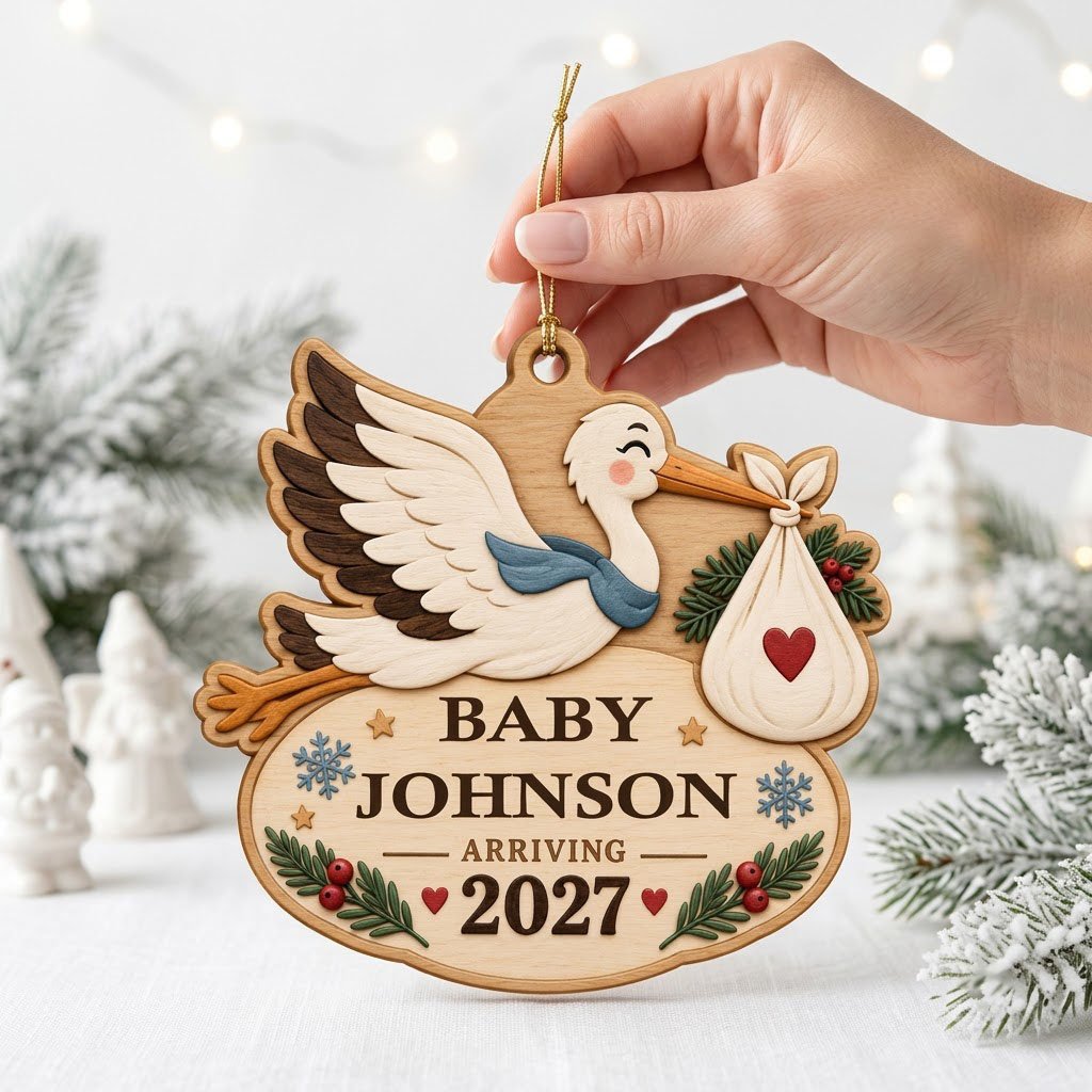 Custom-cut wood ornament of a flying stork with baby bundle above oval plaque reading BABY JOHNSON ARRIVING 2027.